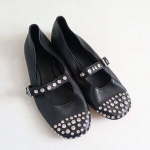 Sandro Paris Salna black leather rhinestone Mary Jane ballet flats